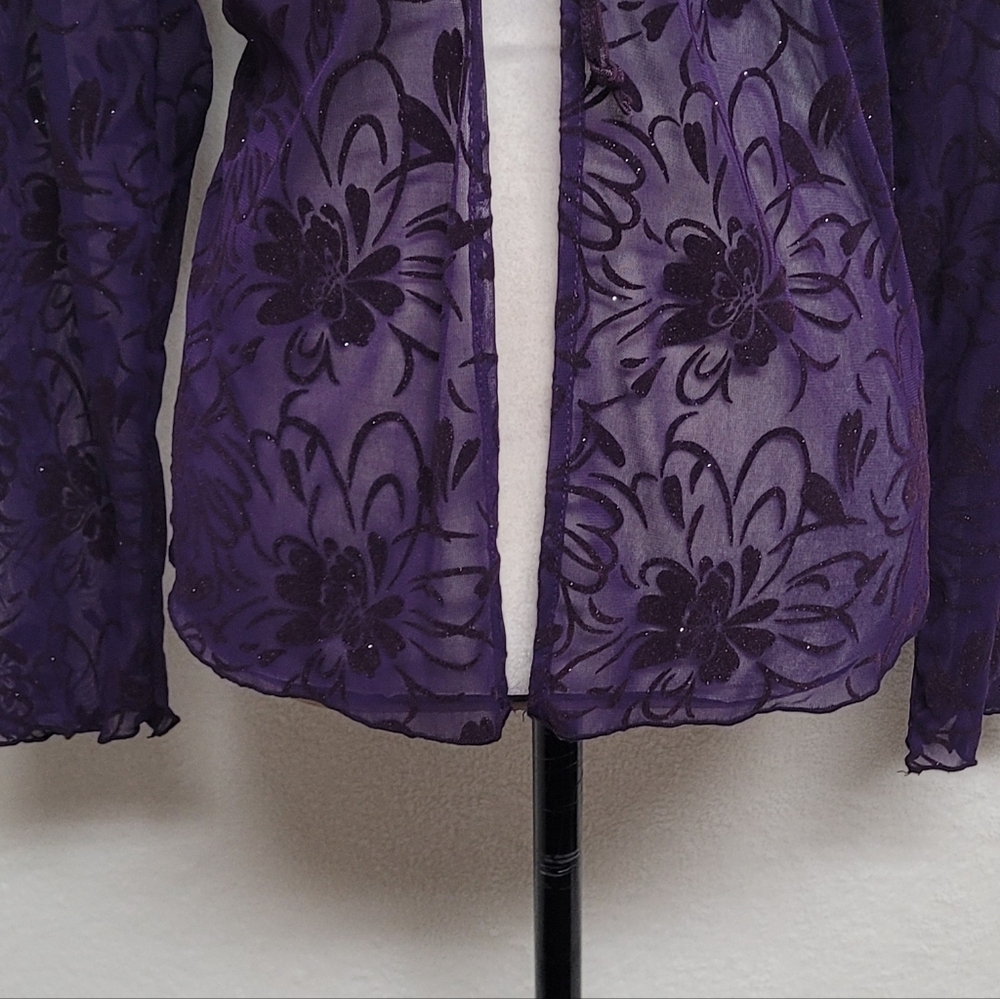 Goth Vintage 90s Sheer Purple Silver Metallic Floral Velvet Tie Front Cardigan L - Picture 5 of 11